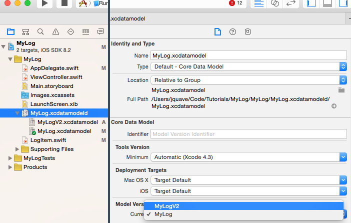 Changing the Core Data Model Version in Xcode
